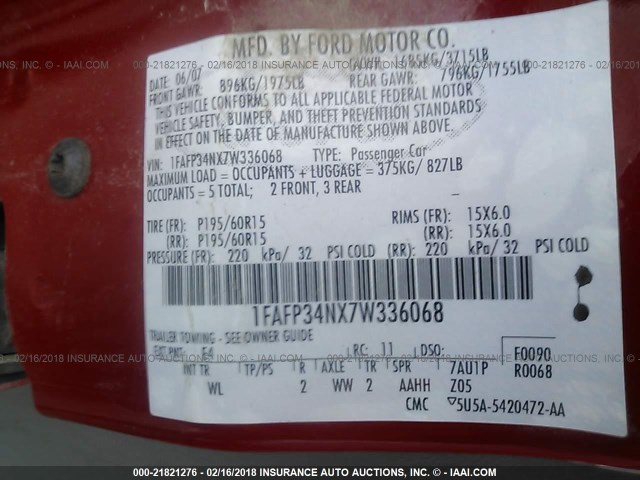 1FAFP34NX7W336068 - 2007 FORD FOCUS ZX4/S/SE/SES RED photo 9