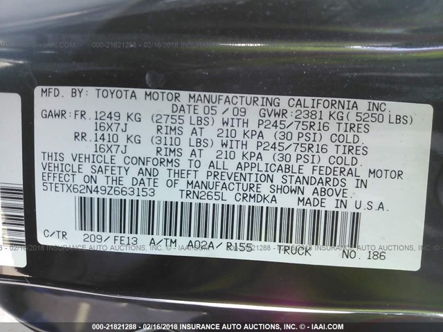 5TETX62N49Z663153 - 2009 TOYOTA TACOMA PRERUNNER ACCESS CAB BLACK photo 9