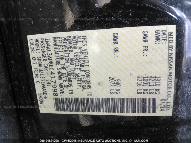 1N4AL3AP8EC417998 - 2014 NISSAN ALTIMA 2.5/S/SV/SL BLACK photo 9