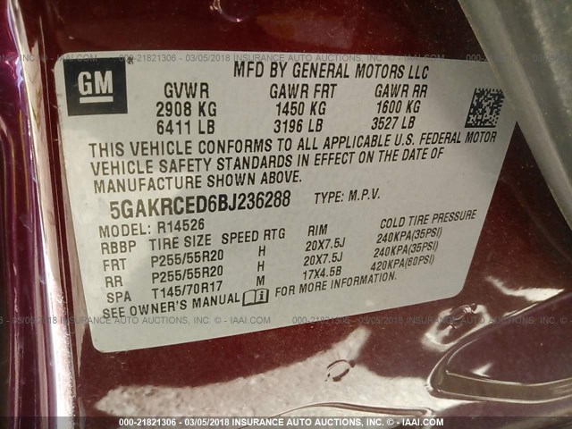 5GAKRCED6BJ236288 - 2011 BUICK ENCLAVE CXL RED photo 9