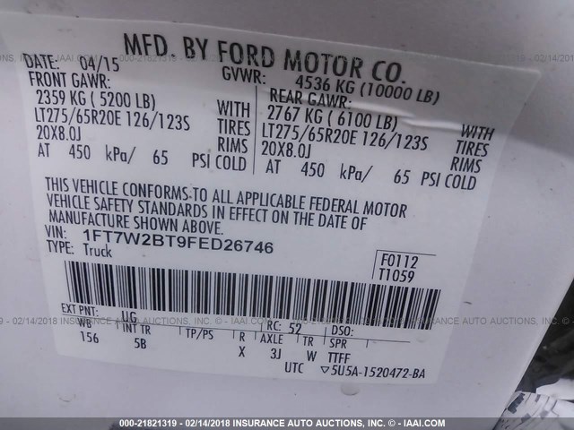 1FT7W2BT9FED26746 - 2015 FORD F250 SUPER DUTY WHITE photo 9