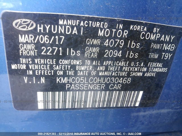 KMHC05LC0HU030468 - 2017 HYUNDAI IONIQ HEV BLUE photo 9