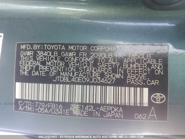 JTDBL40E09J034627 - 2009 TOYOTA COROLLA LE/XLE GREEN photo 9
