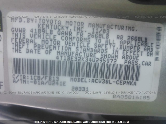 4T1BE32K34U295972 - 2004 TOYOTA CAMRY LE/XLE/SE ვერცხლისფერი ფოტო 9