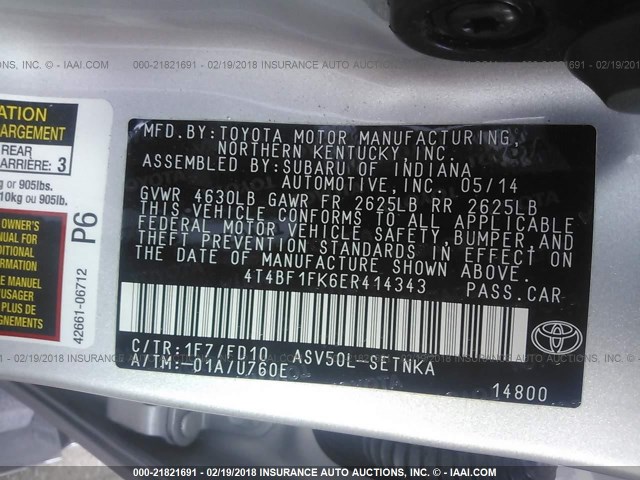 4T4BF1FK6ER414343 - 2014 TOYOTA CAMRY L/SE/LE/XLE SILVER photo 9