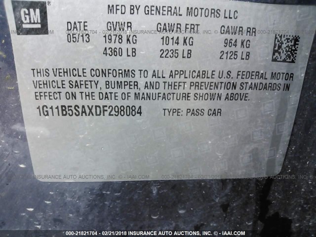 1G11B5SAXDF298084 - 2013 CHEVROLET MALIBU LS ლურჯი ფოტო 9