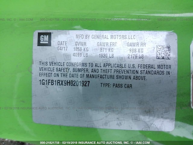 1G1FB1RX9H0201927 - 2017 CHEVROLET CAMARO LT GREEN photo 9