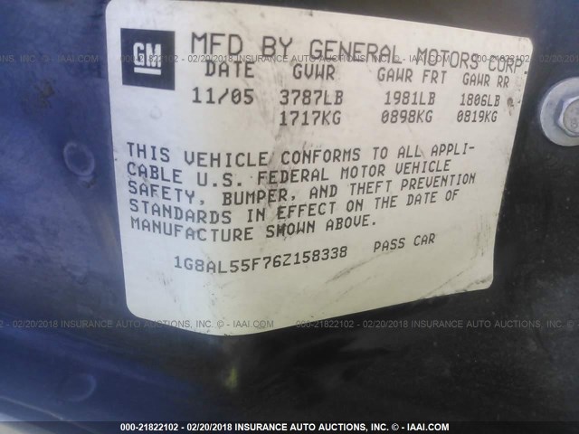 1G8AL55F76Z158338 - 2006 SATURN ION LEVEL 3 WHITE photo 9