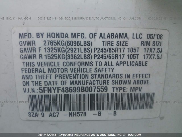 5FNYF48699B007559 - 2009 HONDA PILOT EXL WHITE photo 9