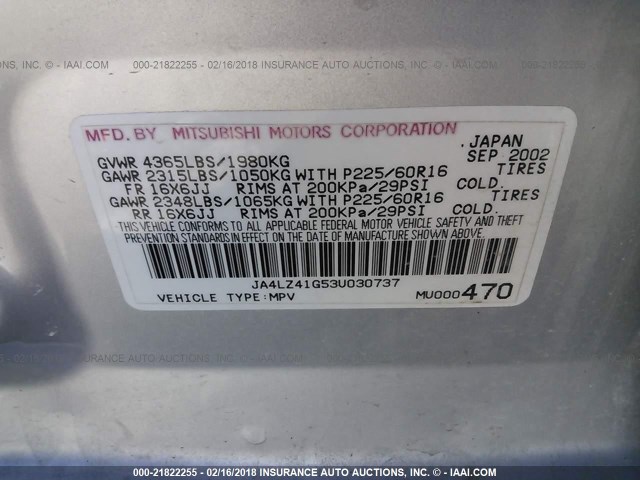 JA4LZ41G53U030737 - 2003 MITSUBISHI OUTLANDER XLS SILVER photo 9