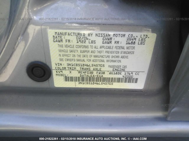 3N1CB51D46L545705 - 2006 NISSAN SENTRA 1.8/1.8S GRAY photo 9