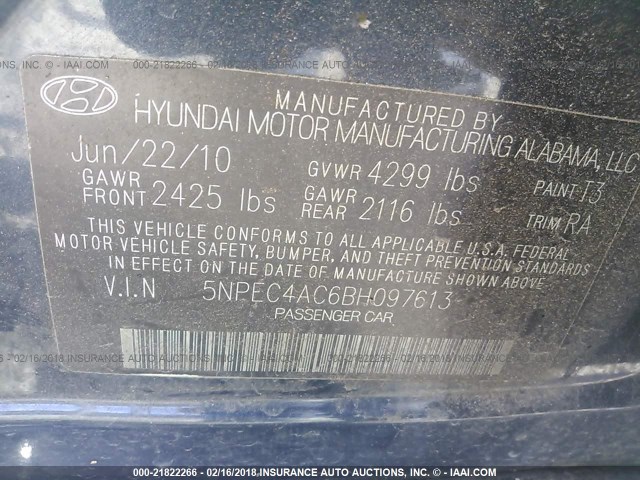 5NPEC4AC6BH097613 - 2011 HYUNDAI SONATA SE/LIMITED BLACK photo 9