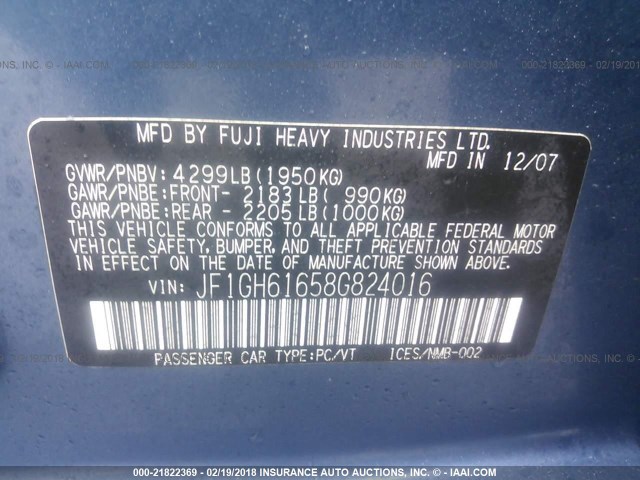 JF1GH61658G824016 - 2008 SUBARU IMPREZA 2.5I BLUE photo 9