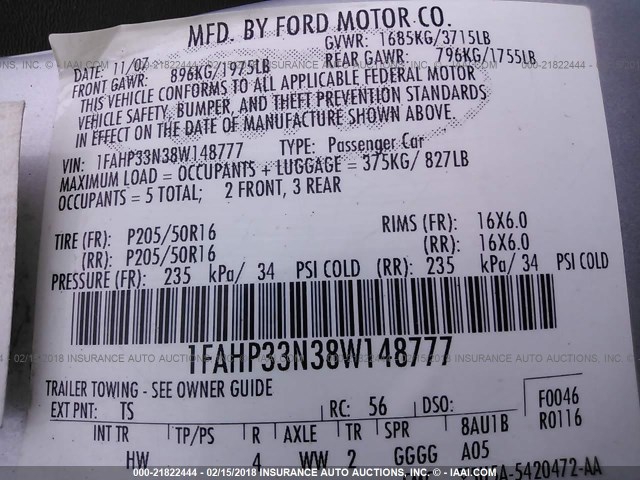 1FAHP33N38W148777 - 2008 FORD FOCUS SE/SEL/SES SILVER photo 9