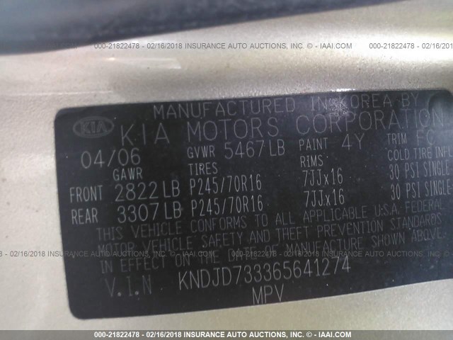 KNDJD733365641274 - 2006 KIA SORENTO EX/LX GOLD photo 9