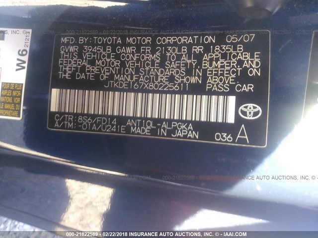 JTKDE167X80225611 - 2008 TOYOTA SCION TC 蓝色 照片 9