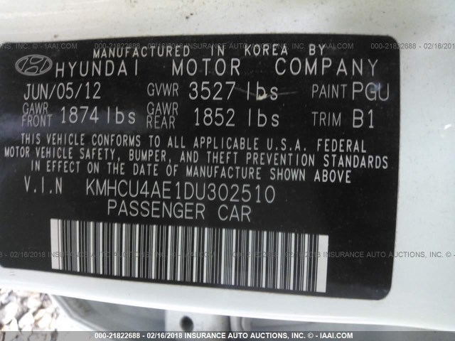 KMHCU4AE1DU302510 - 2013 HYUNDAI ACCENT GLS/SE WHITE photo 9