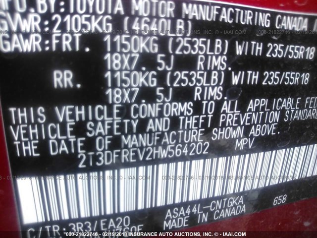 2T3DFREV2HW564202 - 2017 TOYOTA RAV4 LIMITED/SE/PLATINUM RED photo 9