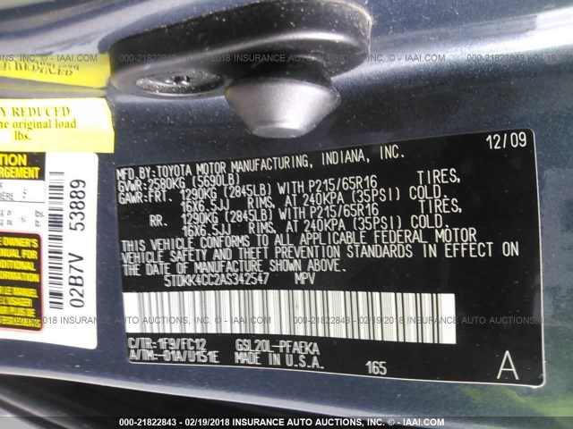 5TDKK4CC2AS342547 - 2010 TOYOTA SIENNA CE/LE GRAY photo 9