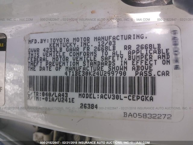 4T1BE30K24U299790 - 2004 TOYOTA CAMRY LE/XLE/SE WHITE photo 9