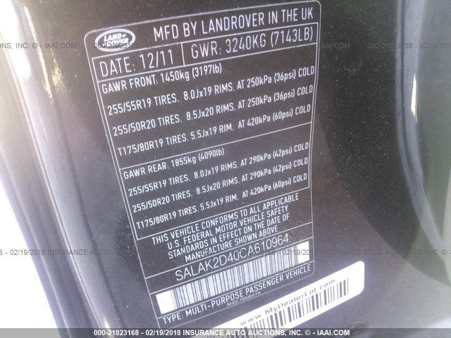 SALAK2D40CA610964 - 2012 LAND ROVER LR4 HSE LUXURY შავი ფოტო 9