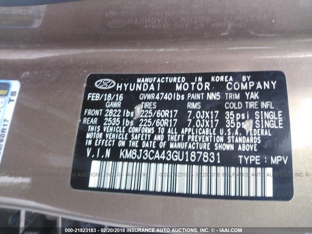 KM8J3CA43GU187831 - 2016 HYUNDAI TUCSON LIMITED/SPORT AND ECO/SE BROWN photo 9