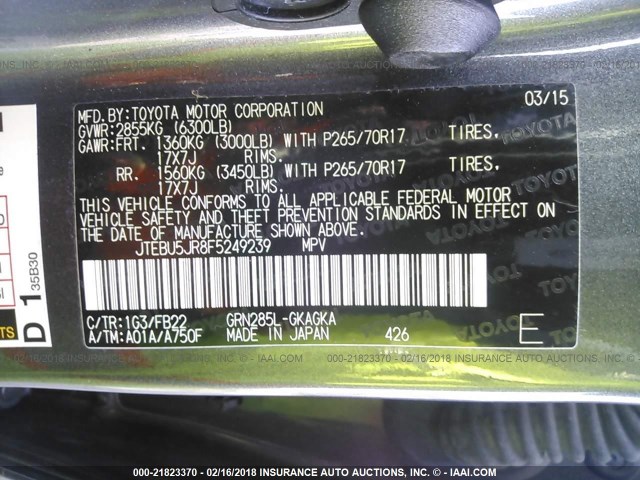 JTEBU5JR8F5249239 - 2015 TOYOTA 4RUNNER SR5/LIMITED/TRAIL/TRD RPO GRAY photo 9