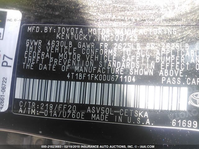 4T1BF1FK0DU671104 - 2013 TOYOTA CAMRY L/SE/LE/XLE 黑色 照片 9