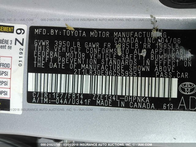 2T1LR30E96C559951 - 2006 TOYOTA COROLLA MATRIX XR GRAY photo 9