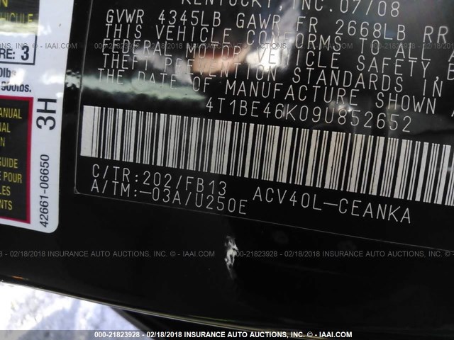 4T1BE46K09U852652 - 2009 TOYOTA CAMRY SE/LE/XLE Черный фото 9