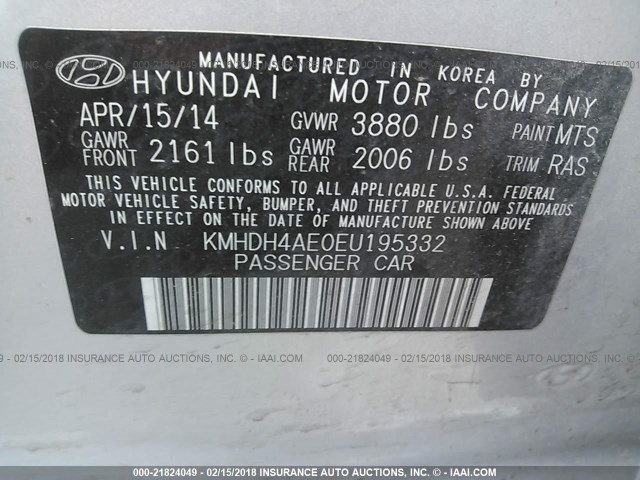 KMHDH4AE0EU195332 - 2014 HYUNDAI ELANTRA SE/SPORT/LIMITED SILVER photo 9