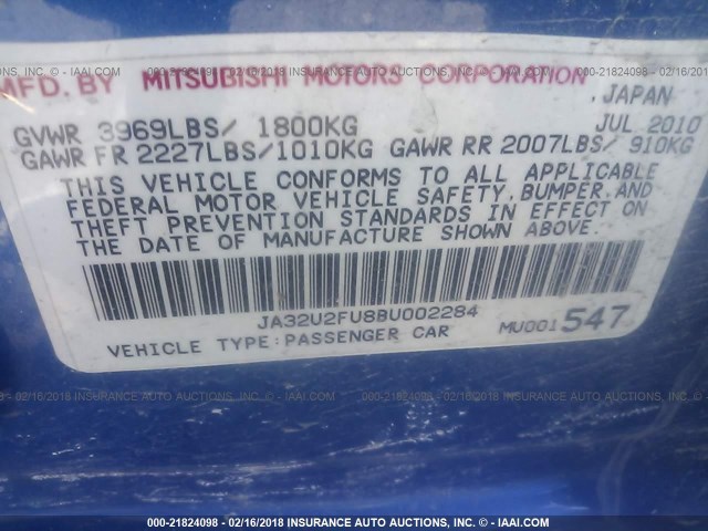 JA32U2FU8BU002284 - 2011 MITSUBISHI LANCER ES/ES SPORT BLUE photo 9