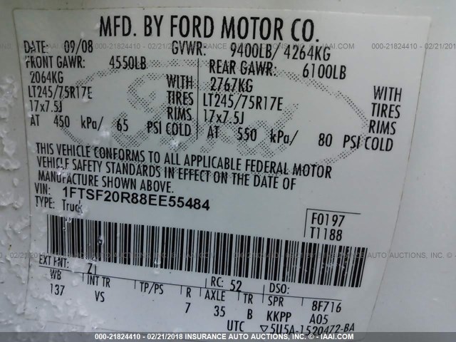 1FTSF20R88EE55484 - 2008 FORD F250 SUPER DUTY WHITE photo 9