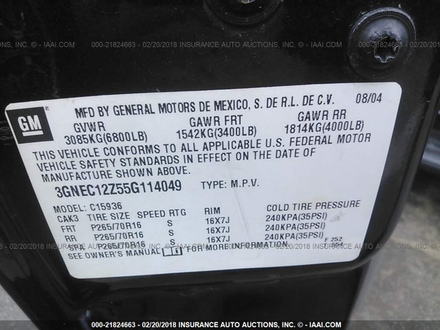 3GNEC12Z55G114049 - 2005 CHEVROLET AVALANCHE C1500 BLACK photo 9