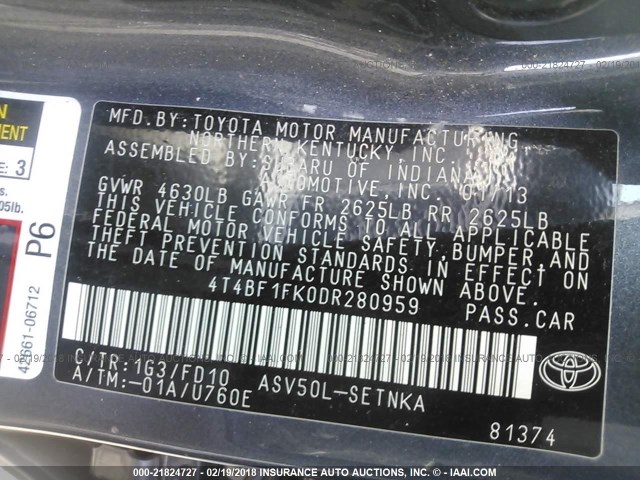 4T4BF1FK0DR280959 - 2013 TOYOTA CAMRY L/SE/LE/XLE 灰色 照片 9