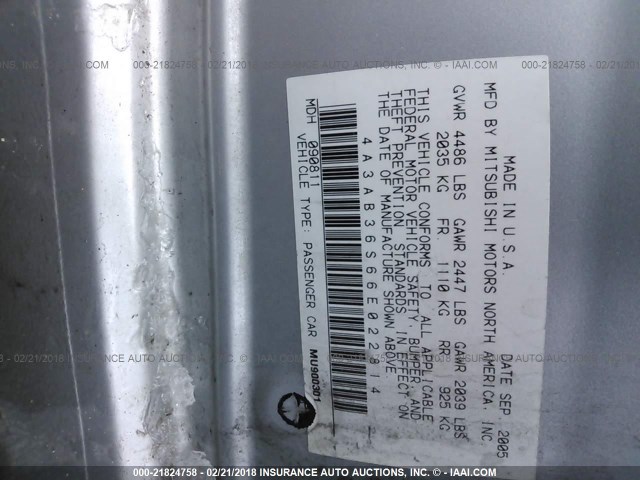 4A3AB36S66E022814 - 2006 MITSUBISHI GALANT LS MEDIUM SILVER photo 9