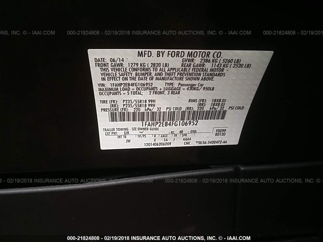 1FAHP2E84FG106952 - 2015 FORD TAURUS SEL 黑色 照片 9