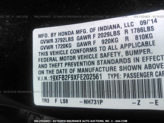 19XFB2F9XFE202561 - 2015 HONDA CIVIC EXL Qara foto 9