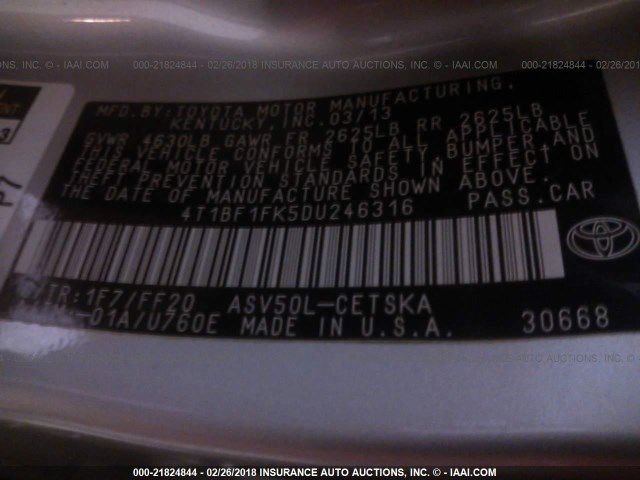 4T1BF1FK5DU246316 - 2013 TOYOTA CAMRY L/SE/LE/XLE 银色 照片 9