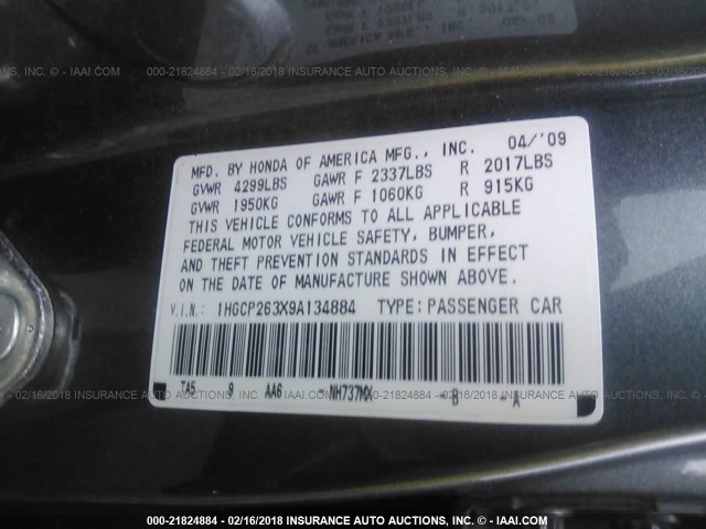 1HGCP263X9A134884 - 2009 HONDA ACCORD LX GRAY photo 9