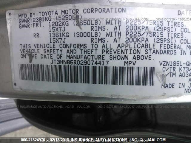 JT3HN86R029074417 - 2002 TOYOTA 4RUNNER SR5 SILVER photo 9