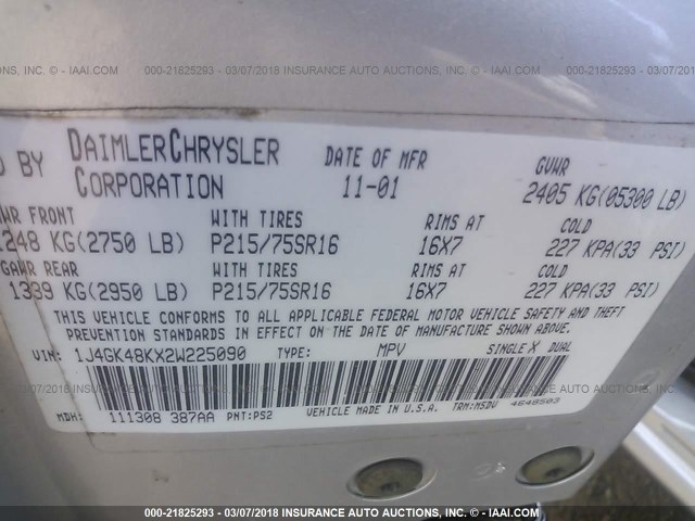 1J4GK48KX2W225090 - 2002 JEEP LIBERTY SPORT 银色 照片 9