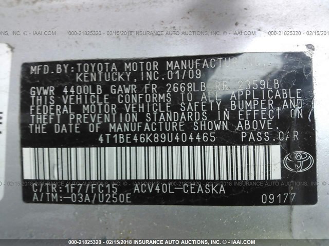 4T1BE46K89U404465 - 2009 TOYOTA CAMRY SE/LE/XLE ვერცხლისფერი ფოტო 9