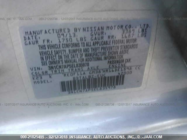 3N1CN7AP5EL835978 - 2014 NISSAN VERSA S/S PLUS/SV/SL SILVER photo 9