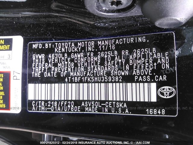 4T1BF1FK5HU359382 - 2017 TOYOTA CAMRY LE/XLE/SE/XSE BLACK photo 9