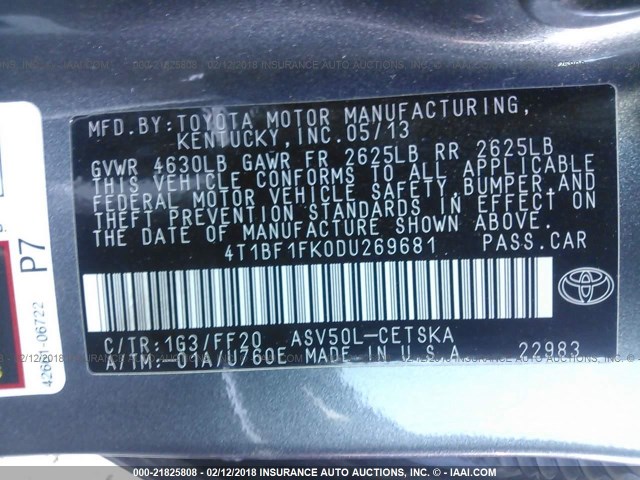 4T1BF1FK0DU269681 - 2013 TOYOTA CAMRY L/SE/LE/XLE 灰色 照片 9