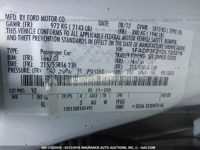 1FADP3F21DL125218 - 2013 FORD FOCUS WHITE photo 9