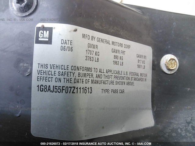 1G8AJ55F07Z111613 - 2007 SATURN ION LEVEL 2 GOLD photo 9