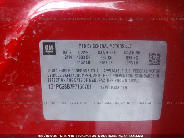 1G1PC5SB7F7150701 - 2015 CHEVROLET CRUZE LT RED photo 9