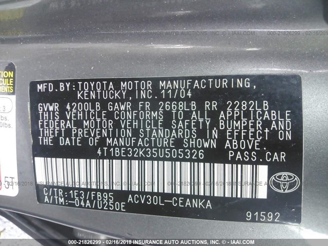 4T1BE32K35U505326 - 2005 TOYOTA CAMRY LE/XLE/SE 灰色 照片 9